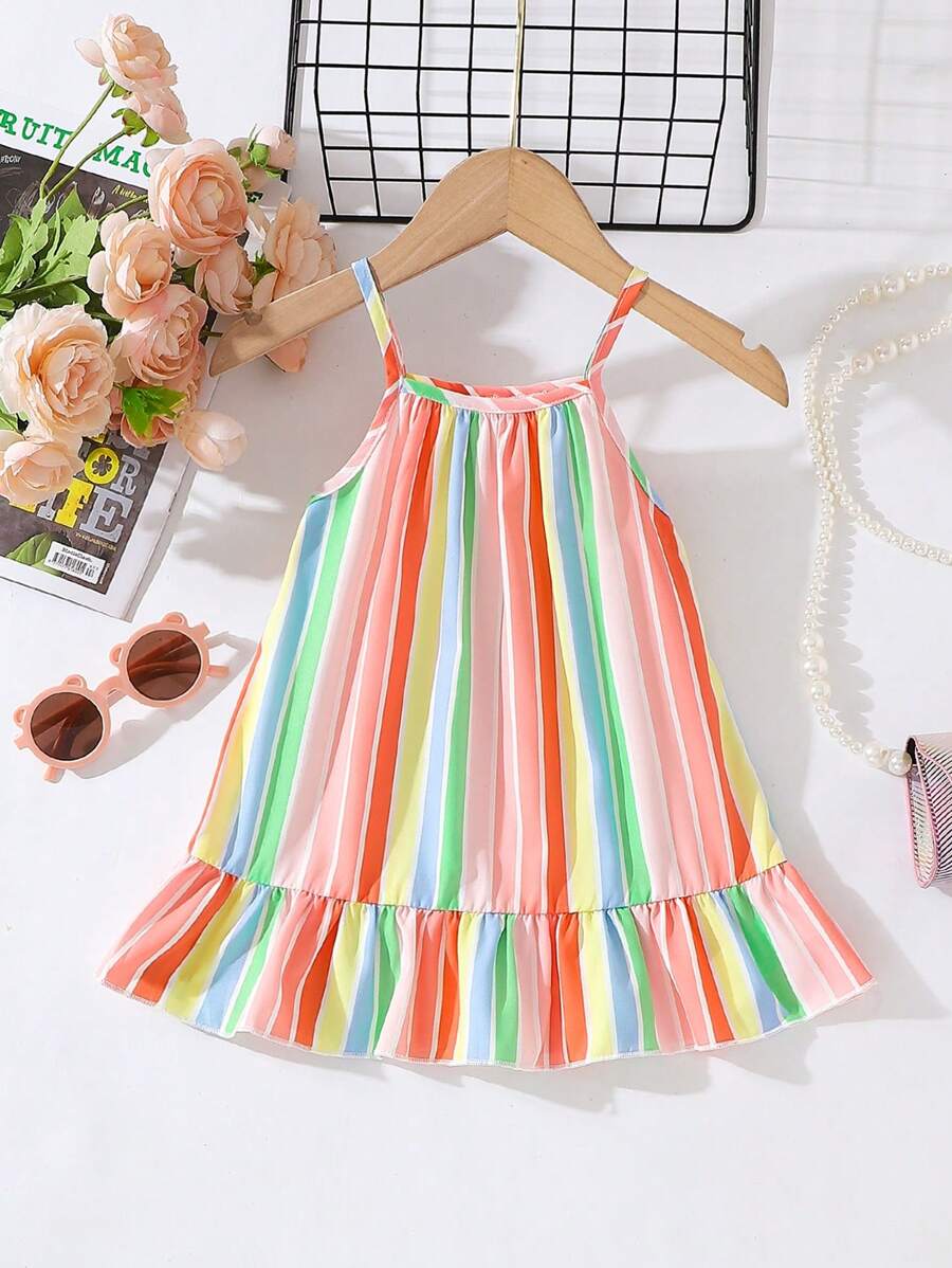 SHEIN Baby Girl Summer Korean Casual Cute Multi-Color Stripe Print Woven Dress