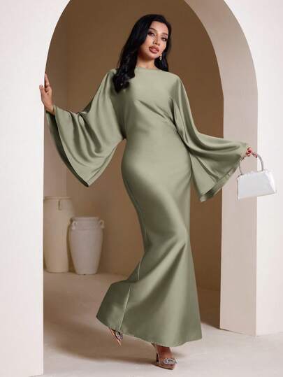 Veilorie Solid Color Long Sleeve Casual Long Arabic Style Dress Modest