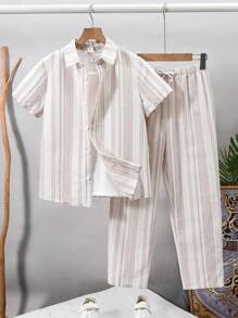 SHEIN 2 Stücke/Set Tween Jungen lässiger, bequemer und vielseitiger Collegestil mit weichem Lächeln Streifenmuster Polokragen Hemd und Hose mit Gummibund, geeignet für Herbst, Frühling, Sommer, ideal für den täglichen Gebrauch, Outdoor-Aktivitäten, Schule, Straße, Partys und Lässig Zuhause - Khaki - Übersicht 2