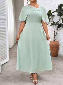 SHEIN Clasi 大码雪纺斗篷连衣裙，优雅二合一连衣裙，适合春夏季和婚礼季节 - 綠色 - 查看 6