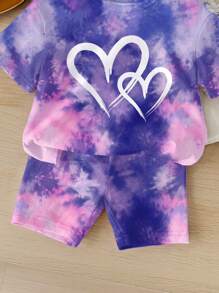 SHEIN Happikins Tie Dye Heart Pattern, Baby Girl Casual Minimalist Crew Neck Short Sleeve T-Shirt And Leggings Set, Suitable For Spring/Summer - Multicolor - View 4