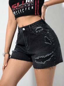 SHEIN EZwear Women's Casual Denim Shorts, Minimalist And Fashionable For Daily Wear - Black - View 5