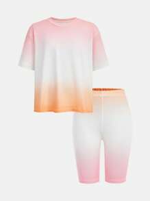 SHEIN 2pcs/Set Tween Girls Knitted Top And Shorts Set, Gradient Print Round Neck, Loose And Comfortable, Suitable For Sports, Casual Outings, Elegant City, Student College Style