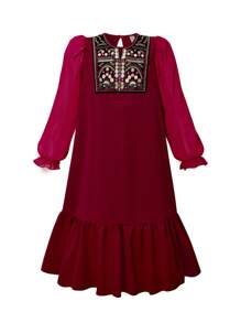 SHEIN Explorewe Tween Girls 优雅中式领花卉 A 字形网眼透明长袖连衣裙，适合日常通勤、度假、晚宴、家庭聚会、春夏季 - 紅色 - 查看 3