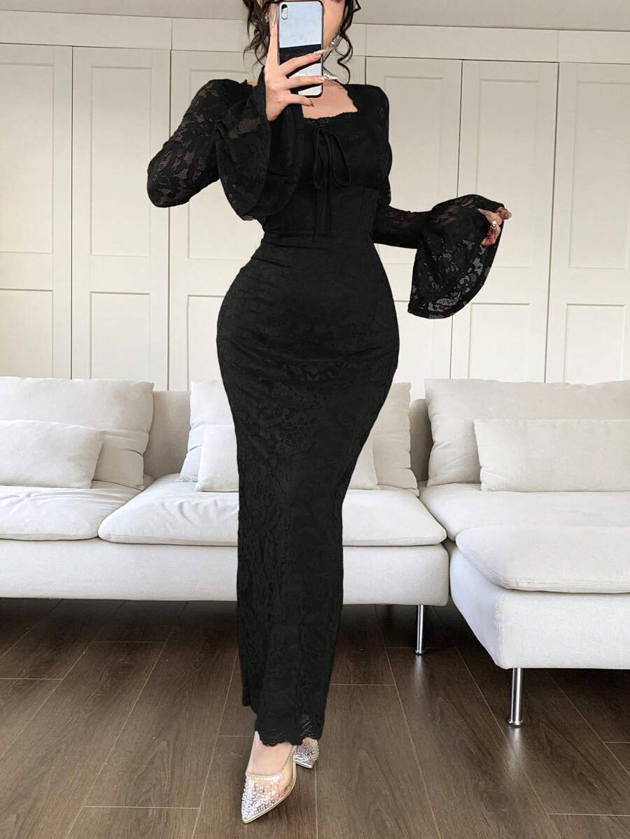 Feyla 女士优雅纯色蕾丝喇叭袖连衣裙 - 黑色 - 查看 1