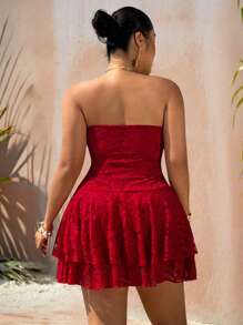 Flirla Plus Size Women Sexy Lace Cake Removable Ruffle Floral Strapless Dress - Burgundy - View 6