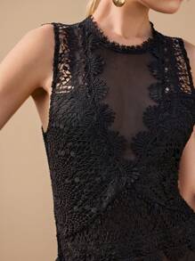 Anewsta 纯色弹力网眼透明蕾丝拼接女式紧身衣，优雅，度假，节日，春/夏装 - 黑色 - 查看 1