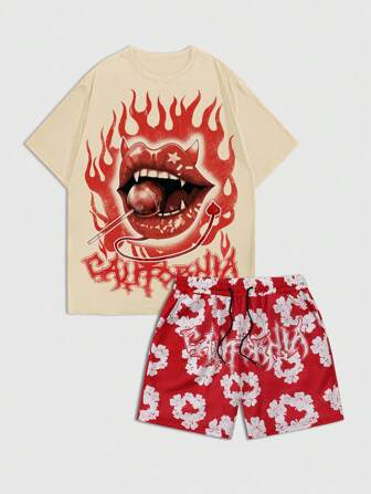 Street Life Herren Set aus Rundhals Kurzarm T-Shirt mit Buchstaben- und Lippenaufdruck und Shorts mit Kordelzug in der Taille