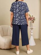 Plus Size Navy Blue Lace Patchwork Short Sleeve Ditsy Floral Top And Long Pants 2Pcs Set,Summer Boho Vacation Holiday Woman Clothes Vacation Outfits