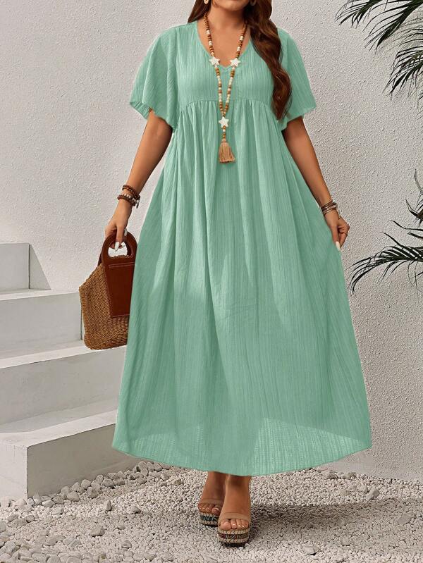 EMERY ROSE Plus Size Women's Early Spring V-Neck Ruched Casual Dress, Short Sleeve