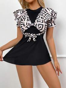 Swim Lushoire Conjunto de 2 piezas Burkini con vestido de diseño vintage de cuello en V con volantes en marrón y negro, y shorts - Elegante y conservador, adecuado para vacaciones de primavera/verano y playa