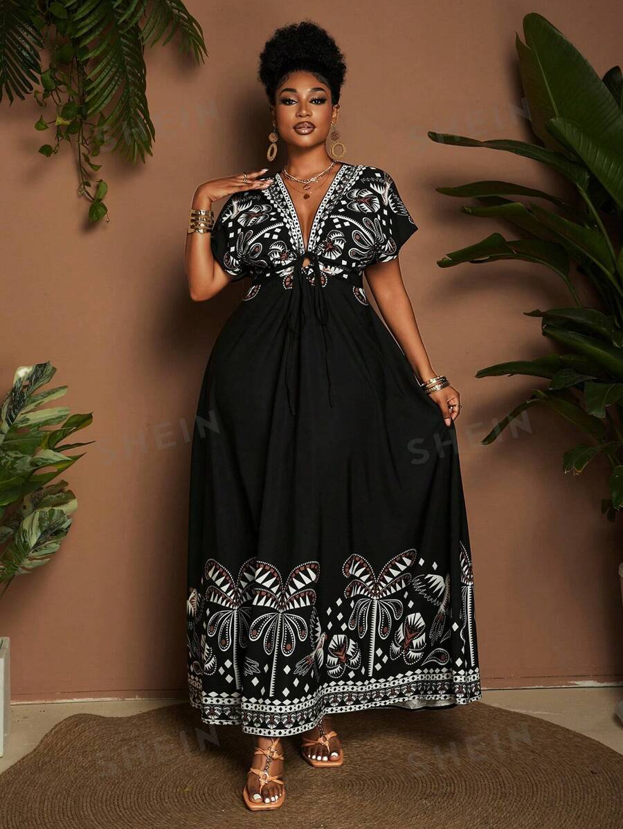 Maweii Vestido de línea A con escote en V, manga de hombro y estampado de palmeras, elegante y romántico, para mujer de talla grande, ideal para vacaciones