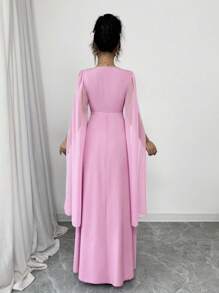 Rafferiza Vestido elegante de mujer para uso diario, banquetes, bodas, de cuello en V con pliegues cruzados en la cintura, corte 'A' con capa, de gasa transparente color lavanda para primavera y verano, falda larga