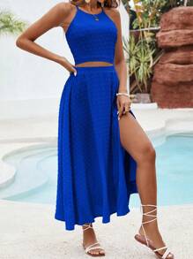 SHEIN VCAY Solid Color Texture Casual Two Pieces Beach Set For Vacation