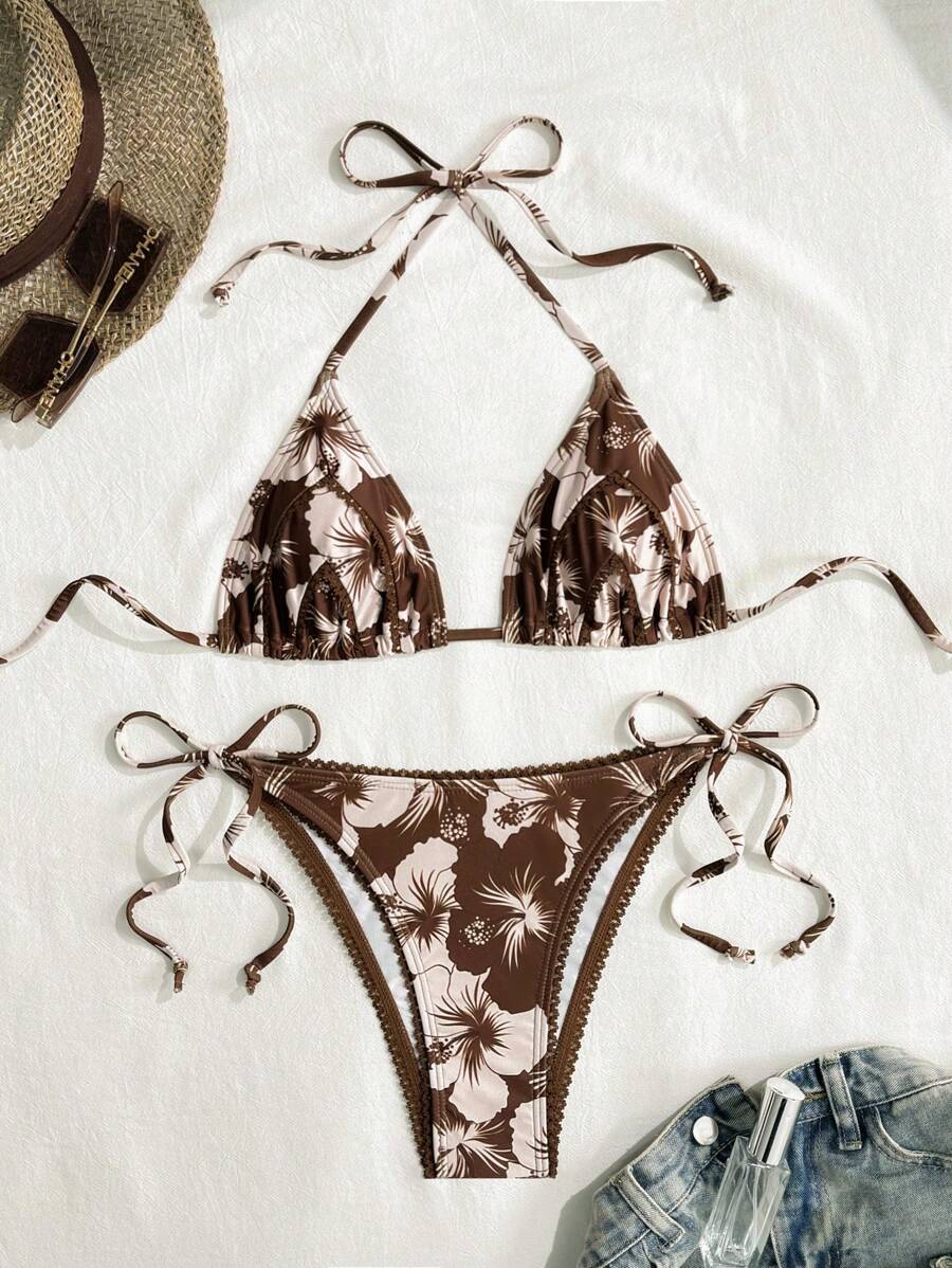 SHEIN Swim Set Baju Renang Wanita Ukuran Standar 2 Potong Motif Tropis Atasan Segitiga Halter & Bawahan Ikat Samping untuk Liburan Pantai Musim Panas - MultiWarna - View 1