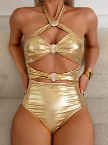 Swim EVENT Women's Sexy Hollow-Out Metallic Shell Accessory One-Piece Swimsuit, Backless Metal Color One Piece Swimsuit