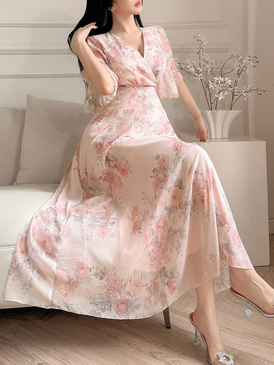DAZY Vestido elegante de longitud hasta la rodilla con estampado floral y volantes, vestido maxi de manga corta para Pascua - Rosa - Ver 1