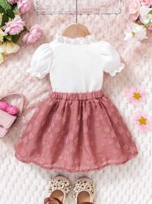 Souflis Souflis Baby Girls Casual Elegant College Style Ruffle Collar Short Sleeve Blouse And Skirt 2Pcs Set, Summer