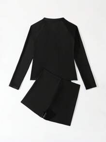Teen Girls Black And White Zip-Front Surf Suit,Long Sleeve Tankini Swimwear Set