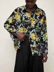 BizChic Camisa con estampado floral amarillo elegante para trabajo, salidas, vacaciones y uso casual en primavera/verano