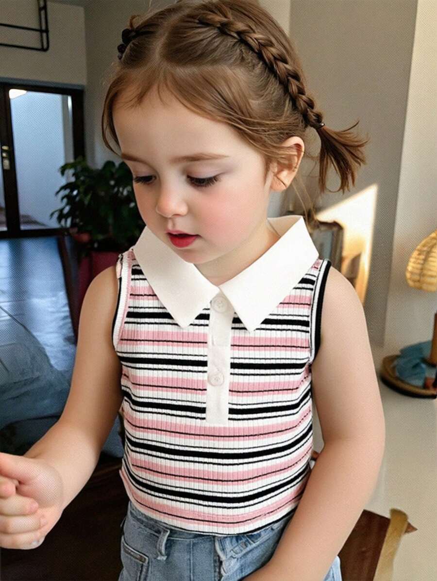 Souflis Souflis Baby Girl Colorful Striped Sleeveless Polo Neck Top, Spring/Summer - Multicolor - View 1