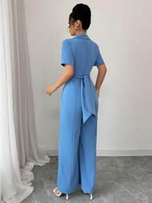Elenzga Women's Elegant Solid Color Tie Up Design Jumpsuit For Spring/Summer/Fall/Winter Season,Concert Women's Clothing,Elegant,Suitable For Everyday,Commute, - Blue - View 2