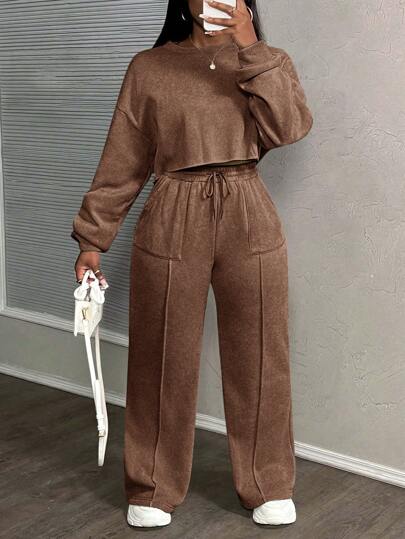 Slaydiva 2件套女士休闲街头风酸洗蓝绿色长袖上衣和宽松长裤套装，2025新款，假日穿搭