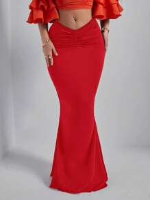 SHEIN SXY Plus Size Women's Solid Color Ruffle Mermaid Hem Elegant Skirt