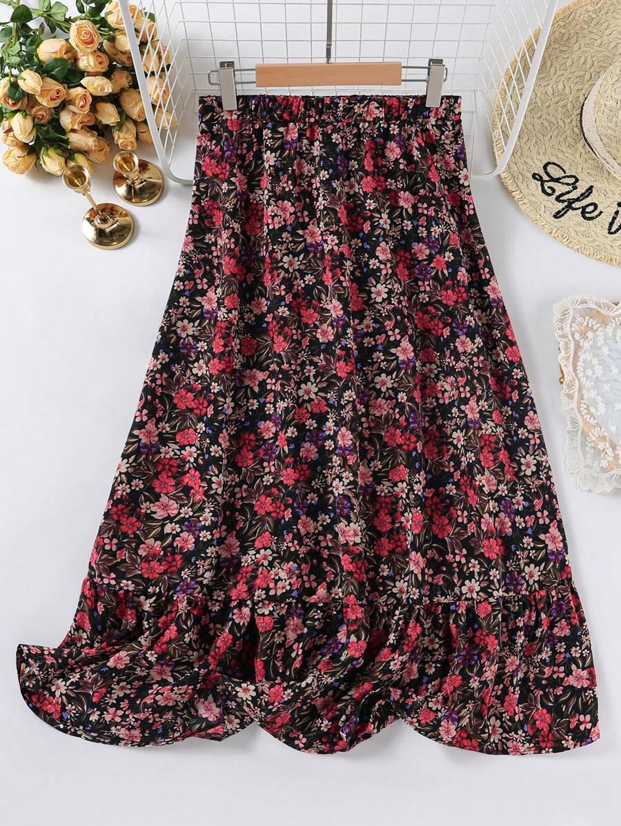 SHEIN LUNE SHEINLUNE 加大码女式花卉荷叶边下摆半身裙,情人节礼物,爱情/恋人,西部风女装,波西米亚风,嬉皮士风,牛仔风,波西米亚风,节日,夏季女装,春假,端庄女装夏季波西米亚风复古风 - 黑色 - 查看 1