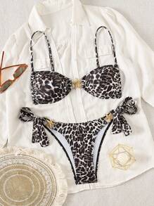 SHEIN Swim 2pcs Women Leopard Print Casual Beach Top And Sexy Leopard Print Tie Bikini Bottom Set For Summer Beach Vacation - Multicolor - View 1