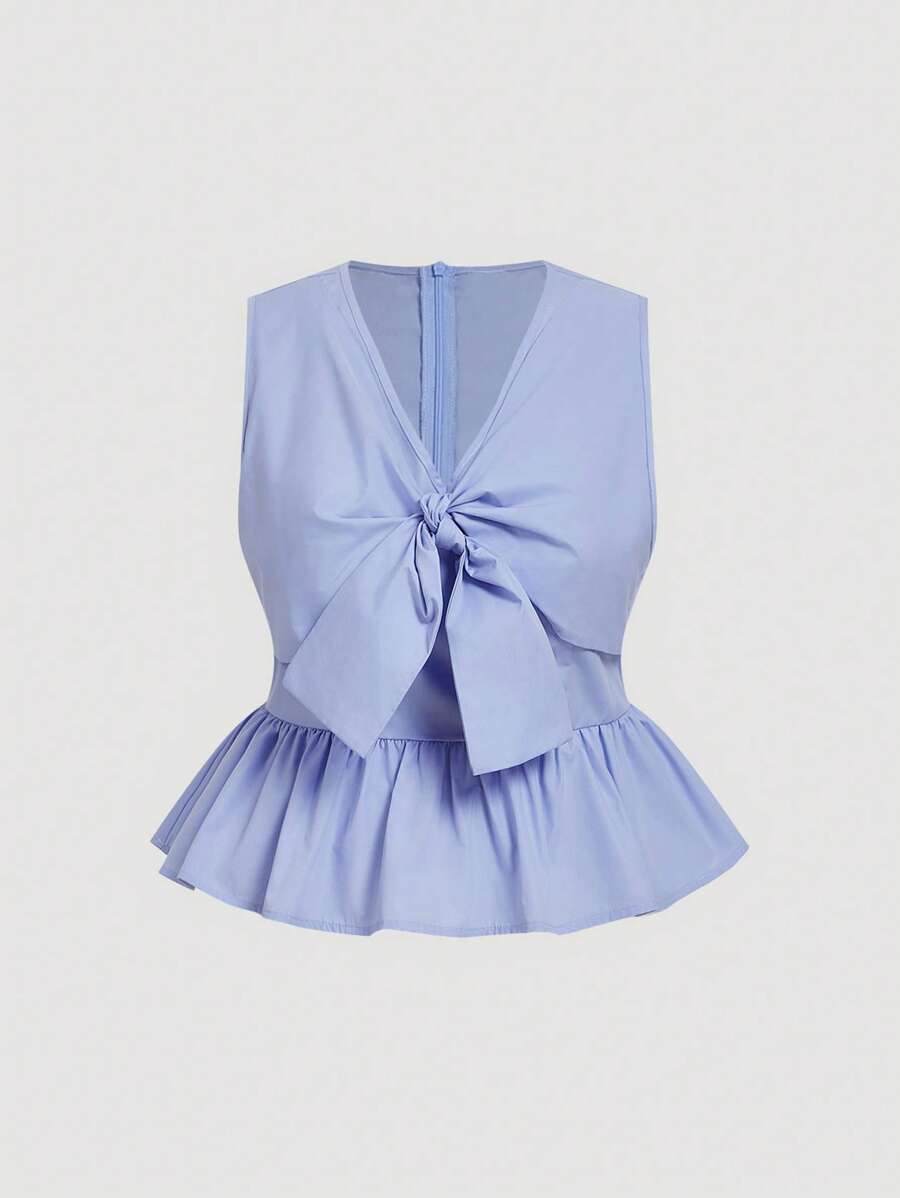 SHEIN MOD Plus Size Women Cute Ruffle Hem Bow Decor Sleeveless Blouse, Peplum Top - Blue - View 1