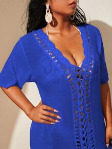 Swim Lushoire Plus Size Solid Color Beach Cover Up Dress For Summer Beach Vacation - Blue - View 5