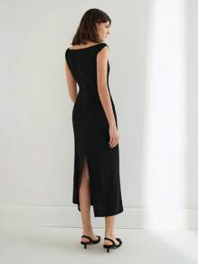 Maija 女士优雅纯色露肩连衣裙，夏季 - 黑色 - 查看 2