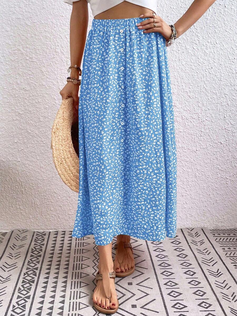 Breezaya 女士碎花纽扣设计松紧腰休闲中长裙 - 淺藍色 - 查看 1