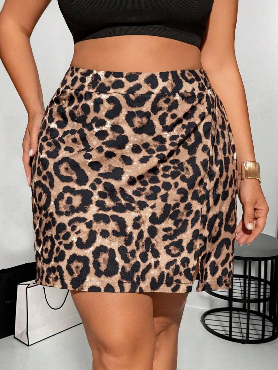 SHEIN Clasi Plus Size Women Leopard Print A-Line Skirt, Casual Everyday Wear, Spring, Summer