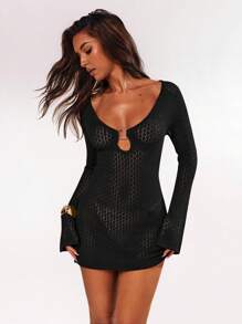 SHEIN BAE Vestido de manga larga de unicolor para mujer, diseño de moda minimalista, adecuado para el verano en otoño/invierno