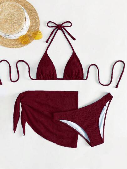 Swim Mod 3pcs Set: Solid Color Halter Tie Bikini Swimsuit Paired With Knotted Mini Skirt For Summer Beach Vacation
