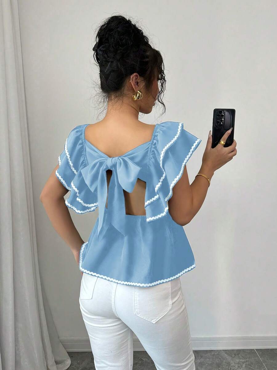 Elenzga Women's Back Tie Up Shirt, Simple & Fashionable Style, Suitable For Summer - Baby Blue - View 1