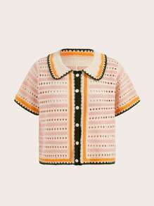 Athîral Camisa casual de mujer de punto con cuello Peter Pan y detalles calados