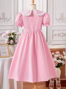 Elegant Girls Big Tween Girl Patchwork Turndown Collar Waist Cinched Short Sleeve Dress