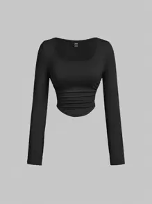 SHEIN MOD Áo thun trơn đơn giản đa năng thường ngày cho nữ có họa tiết nhún màu - Hồng - Xem 7