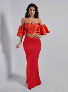 SHEIN SXY Plus Size Women's Solid Color Ruffle Mermaid Hem Elegant Skirt