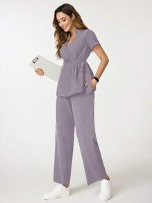 TaskEZ 女士 2 件套纯色 V 领短袖衬衫和裤子/护理手术服 - 紫色 - 查看 5