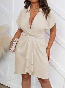 Calvaya Đầm midi thanh lịch tay cánh dơi cạp chun màu trơn cỡ lớn cho nữ - Màu be - Xem 3