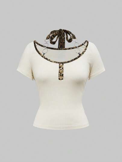 Grunge Punk Vintage Y2K Shibuya Gyaru Punk Patchwork Leopard Print Halter Neck Tight Fitted Crop Top