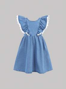 SHEIN Young Girl' White Lace Trim Blue Denim Short Cap Sleeve Dress,Kid Girls Spring And Summer Casual Vacation Country Boho Wear, Beach Outfits For Kid Girls,Easter Dress, Spring Break Spring Break Outfits Outfits