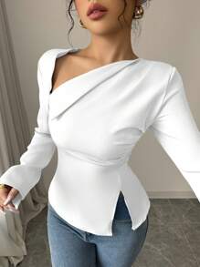 Elenzga 女士优雅时尚休闲通勤舒适不对称 V 领长袖收腰开衩下摆后背系带纯色衬衫 - 白色 - 查看 5