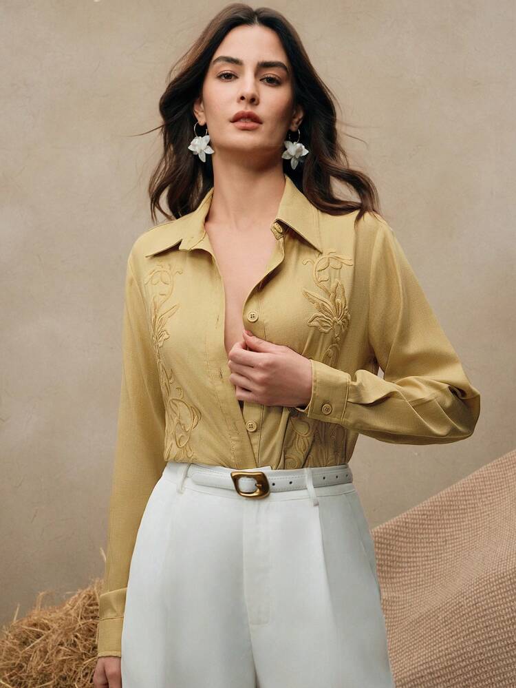 Women Linen Embroidered Long Sleeve Shirt, White, Casual Elegant For Spring