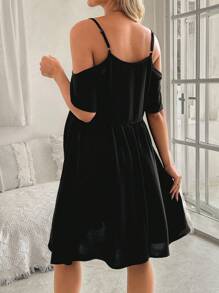 SHEIN Women's Summer Solid V-Neck Ruched Maternity Cami Dress With Shoulder Cutout In Black - Black - View 2