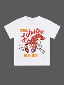 SHEIN VCAY 女士字母与龙虾印花圆领落肩休闲 T 恤 - 白色 - 查看 3